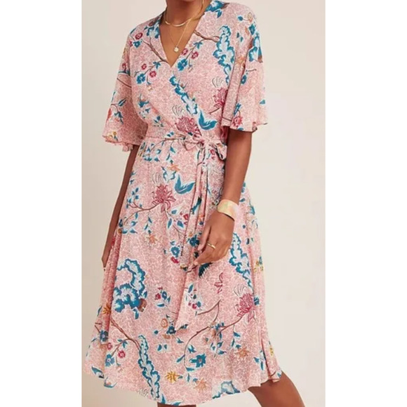 Anthropologie Maeve Red Boho Floral Adelaide Wrap Dress Size Med - Picture 3 of 7
